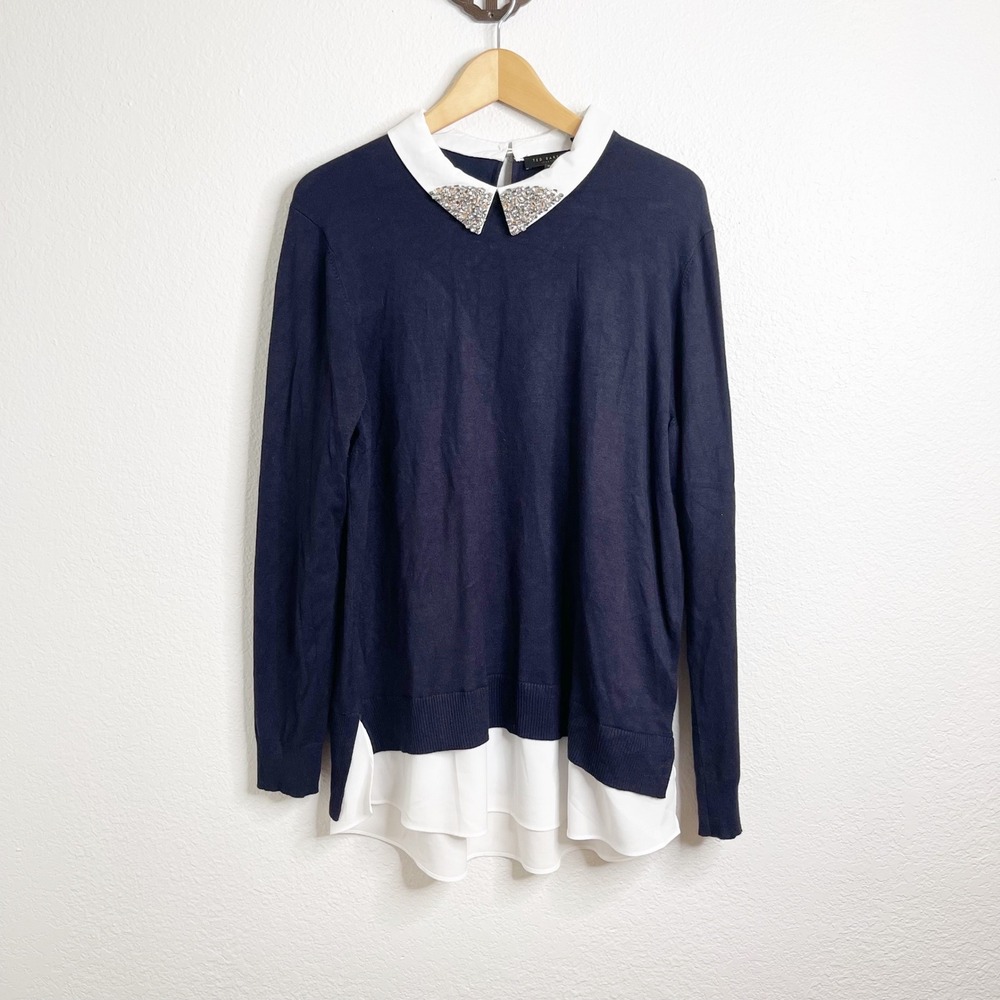 Ted Baker Liaylo‎ Navy Embellished Collar Layered Sweater Baby-Sitters Club